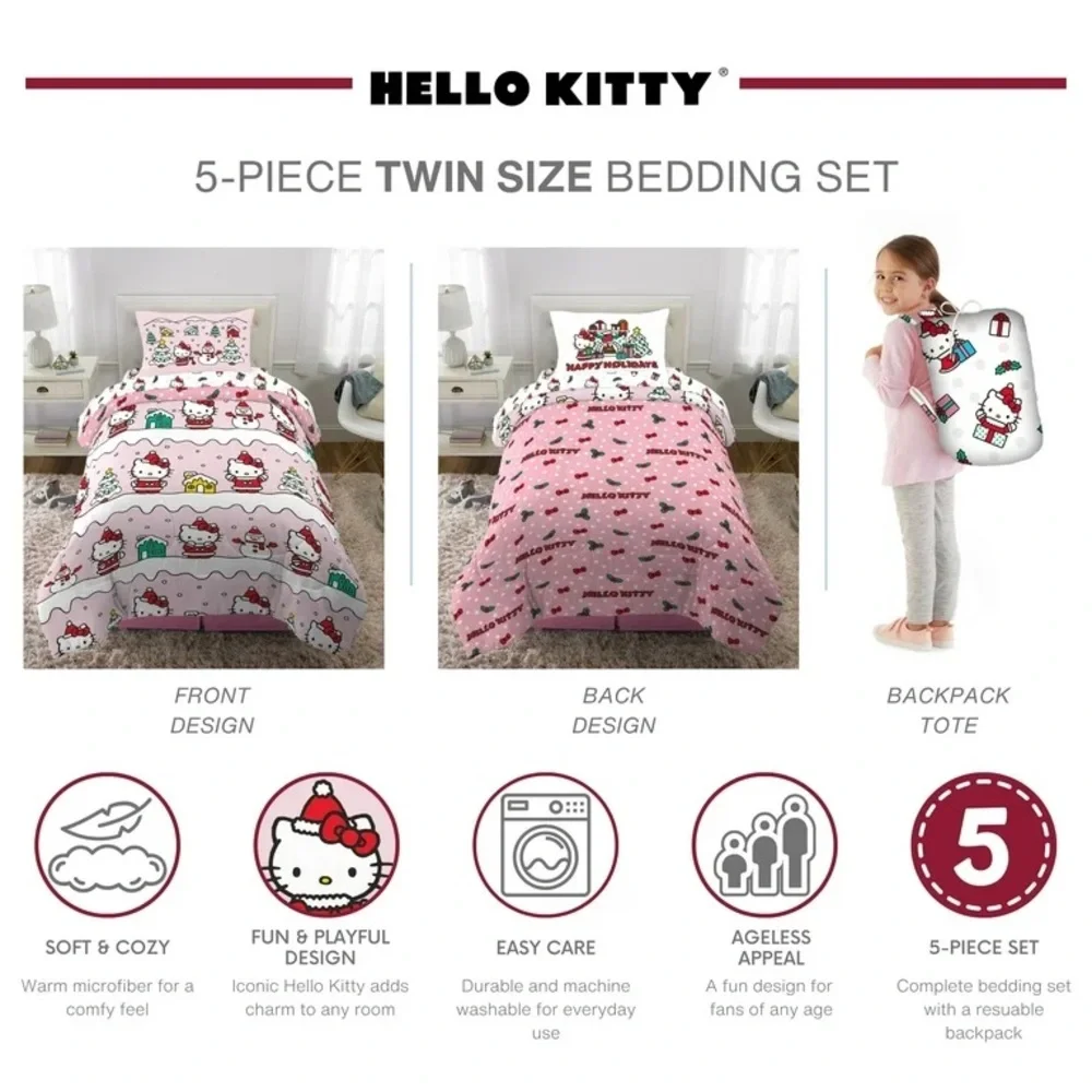 Hello Kitty Holiday Kids 5 Piece Reversible Comforter, Bed in a Bag, Twin NEW